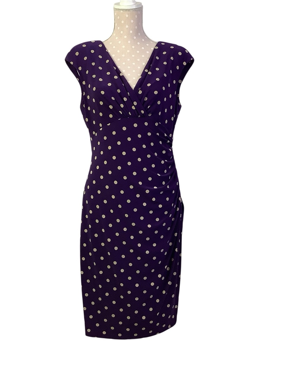 Ralph Lauren Purple Polka Dot Faux-Wrap Midi Dress Size 12
